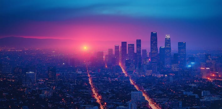 The sun sets beyond the glittering skyline of Los Angeles, casting a warm glow over the bustling city below.