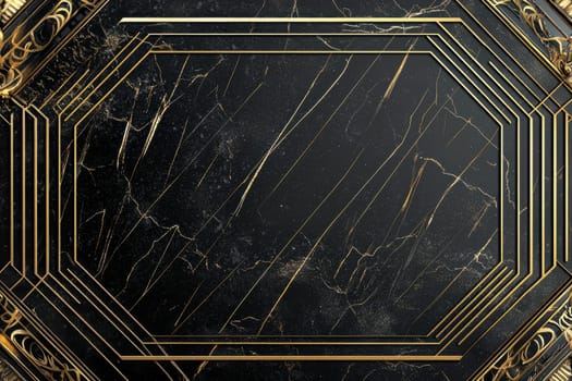 Luxurious greeting card template featuring an elegant black and gold theme. ornate geometric patterns adorn the border with metallic foil accents, creating a sophisticated design. central area remains blank for customizable text.