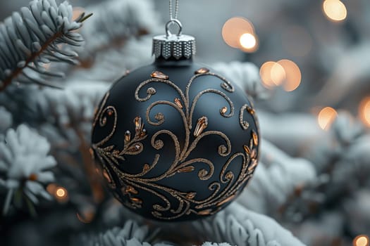 A beautifully designed black ornament with golden motifs hangs among frosty branches, creating a festive atmosphere.