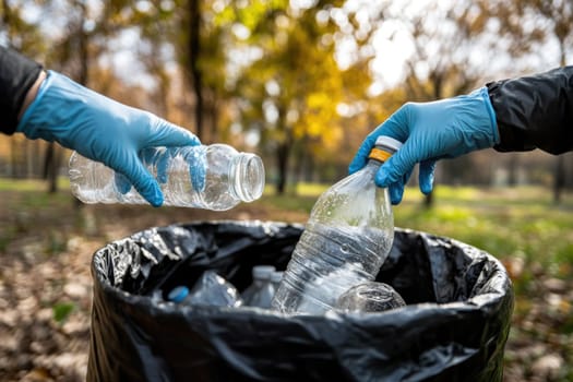 Two individuals wearing gloves are actively recycling plastic bottles by placing them into a black trash bin amid colorful autumn leaves in a park.