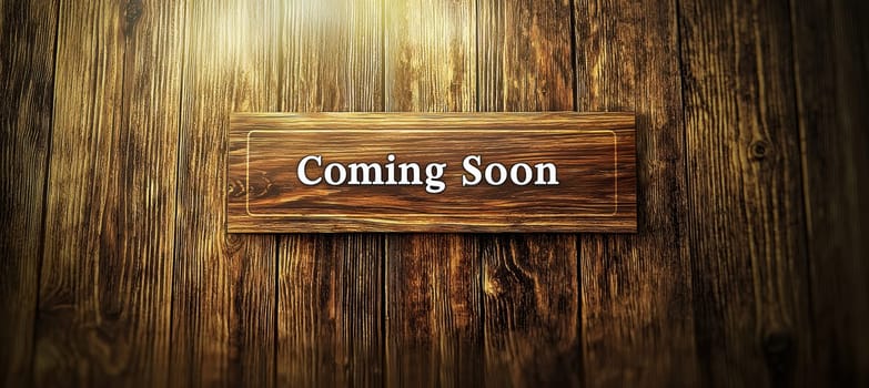 Rustic "coming soon" banner featuring an artisanal design. the background showcases a textured wood surface in warm, earthy tones with subtle light rays to enhance the focus on the text, ideal for branding and promotional use.