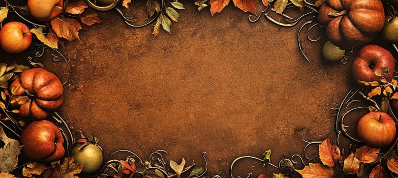 Greeting card template featuring autumn harvest elements like pumpkins and apples in warm brown and orange hues. surrounded by colorful leaves and a blank center perfect for personalized fall messages. ideal for seasonal designs.