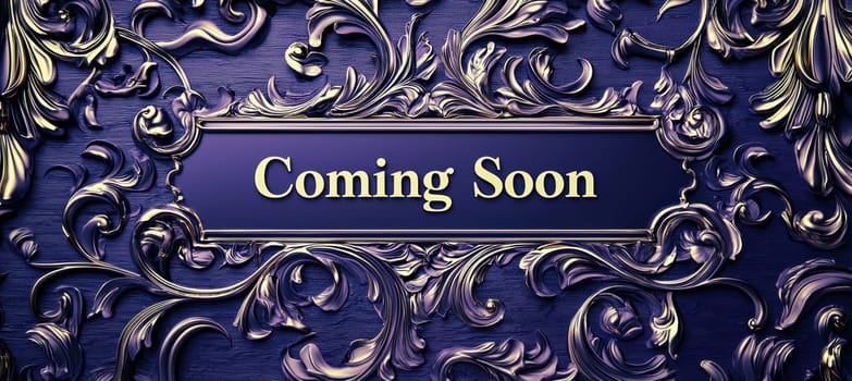 Luxurious banner featuring a dark purple velvety background and gold embossed coming soon text. surrounded by intricate ornamental patterns, it offers an elegant design for sophisticated announcements, events, or marketing materials.