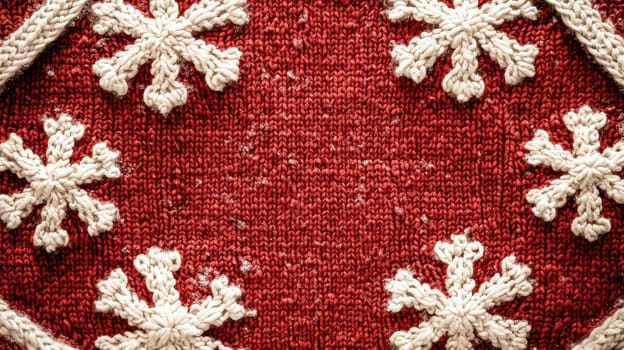 Warm red and white knitted texture featuring decorative snowflakes surrounding a central blank space for personalized messages. ideal for creating festive holiday greeting cards with a homely, cozy vibe.