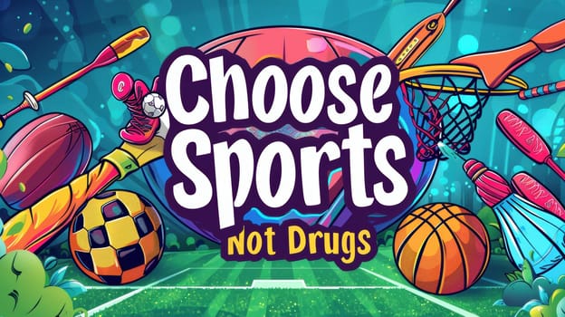 Various sports equipment, including a basketball and soccer ball, is creatively illustrated with the inspiring message "choose sports, not drugs," set against a vibrant sports field backdrop, perfect for motivational designs.