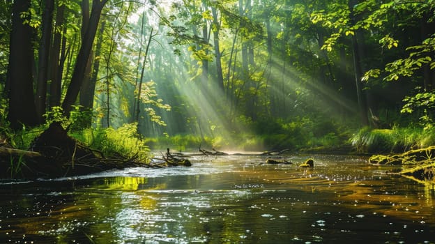 Sunlight filters through a dense forest canopy, casting gentle light on a tranquil river. the serene setting, with lush greenery and shimmering reflections, creates a peaceful and calming atmosphere in the heart of nature.