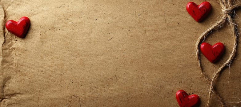 Decorative valentine's day card background featuring a rustic kraft paper texture adorned with a row of small red hearts and twine, offering ample space for personalized notes. ideal for romantic designs, cards, or creative projects.
