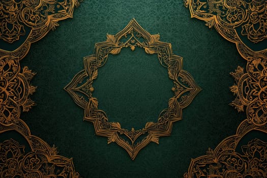 Ramadan greeting card template featuring intricate gold arabesque patterns on a rich dark green background. the design includes a central blank area for personalized messages, combining elegance with cultural aesthetics.