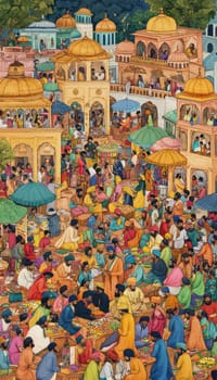 A bustling market scene featuring guru nanak interacting with villagers and merchants amidst colorful goods and traditional architecture. the composition emphasizes cultural inclusivity and community, showcasing diverse attire and lively exchanges.