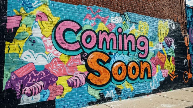 Bright and colorful street art mural featuring bold "coming soon" lettering, surrounded by dynamic abstract shapes on a brick wall. the artwork combines vivid colors and intricate patterns, showcasing a lively urban art expression.