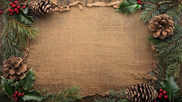 A rustic holiday greeting card template featuring an earthy color scheme with pinecones, holly leaves, and burlap texture. the central area is blank, ideal for personalized holiday greetings or messages in a natural, festive style.