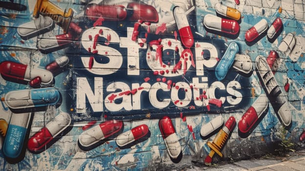 Urban graffiti art with a strong anti-narcotics message displayed on a wall. the vivid artwork features bold stop narcotics text surrounded by graphic images of syringes and pills, conveying a powerful message on substance abuse prevention.