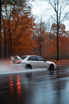 Cautious drive: vehicle carefully maneuvers on a slick road, illustrating the significance of maintaining control and awareness in adverse weather conditions to ensure safety and prevent accidents