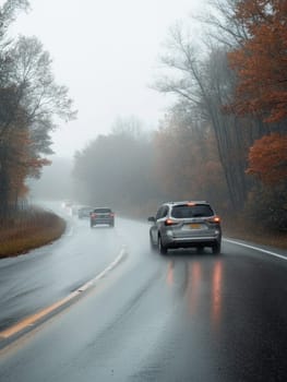 Safe journey: vehicle cautiously navigating a damp roadway, emphasizing the importance of driving safety and vehicle control on slippery surfaces while adapting to challenging wet road conditions