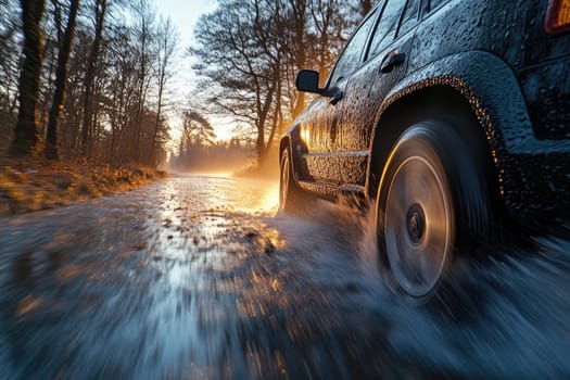 Safe journey: vehicle cautiously navigating a damp roadway, emphasizing the importance of driving safety and vehicle control on slippery surfaces while adapting to challenging wet road conditions