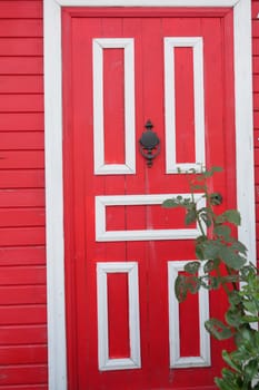 A striking red door framed with white trim and lush greenery enhances the propertys charm