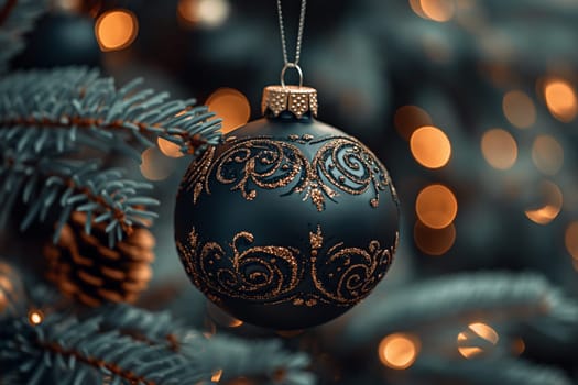 A beautifully crafted black and gold ornament dangles from a festive Christmas tree surrounded by warm lights.