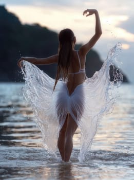 Ocean dancer: graceful ballerina, water dress flow, tranquil sea backdrop, poised elegance, flowing fabric, dance artistry, shoreline elegance, graceful form, rhythmic beauty, serene coastal scene