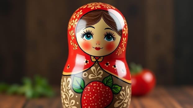 A red doll with a red dress and a green leaf on her head. The doll is holding a red strawberry