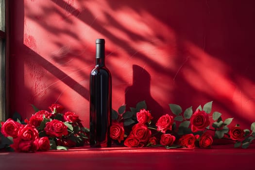 A striking display of fresh red roses surrounds a dark wine bottle on a vivid red surface, creating rich contrast.