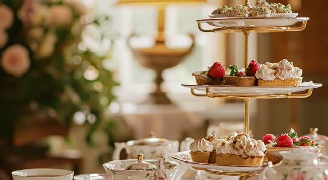 Elegant table setting for tea party with cakes and cupcakes in English manor. Selective focus. Vintage style