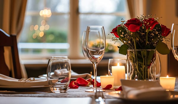 Festive table setting with candles and arrangement of beautiful red flowers. Holiday concept. High quality photo