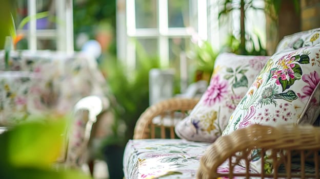 Colorful pillows on sofa against glass wall of window in a winter garden or conservatory. Interior textile concept. High quality photo