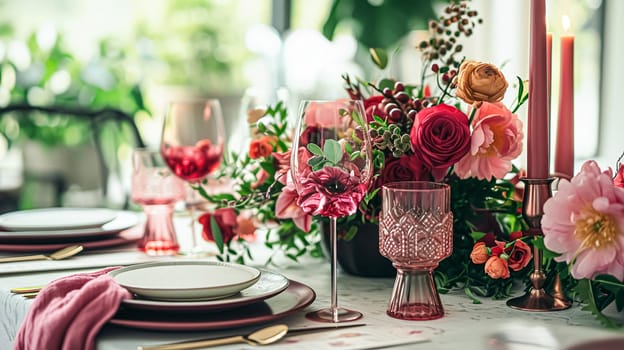 Festive table setting with candles and arrangement of beautiful red flowers. Holiday concept. High quality photo