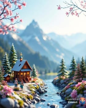 nature landscape river mountains illustration. High quality illustration
