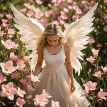 angel girl with wings in a white dress among beautiful pink flowers. High quality photo