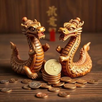 two wooden snakes horoscope chinese new year holiday money coins wallet wealth. High quality photo