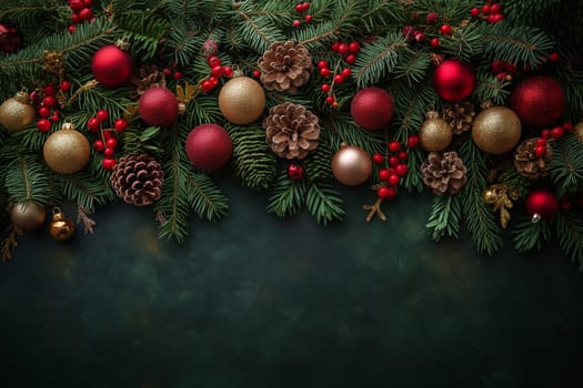 An array of rich greenery adorned with red and gold ornaments, pine cones, and berries creates a holiday ambiance.