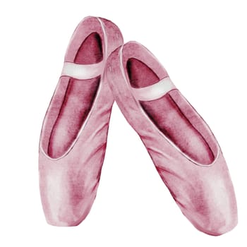Ballet watercolor. Pointe shoes. Hand drawn pink ballerina accessories postcard on isolated white background. Clip art of elegant satin ballet shoes with space for name inscription. Ideal card for ballet and dance and posters. High quality illustration