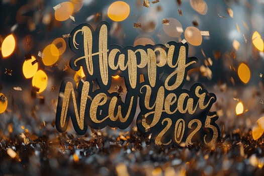Sparkling gold confetti fills the air as a cheerful message welcomes the New Year 2025 with joy and hope.