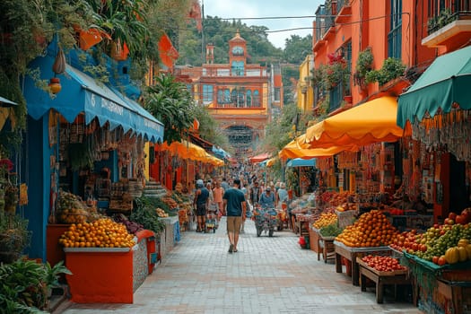 A bustling market alive with activity, featuring bright stalls overflowing with fresh fruits and local goods.