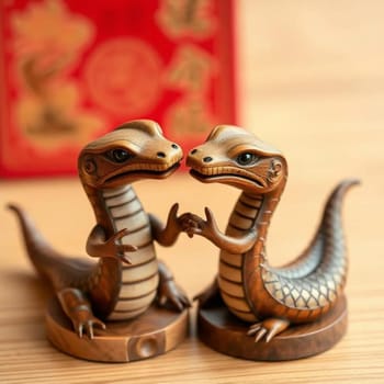 two wooden snakes chinese new year holiday money love, red wallet wealth, dragon .High quality photo