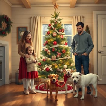 family man woman girl and three dogs holiday new year, christmas tree room evening. High quality illustration
