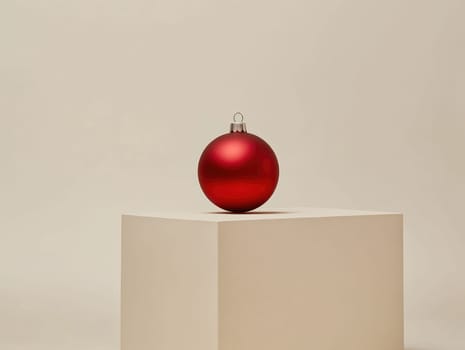 Elegant red christmas bauble on soft beige background for festive decoration.