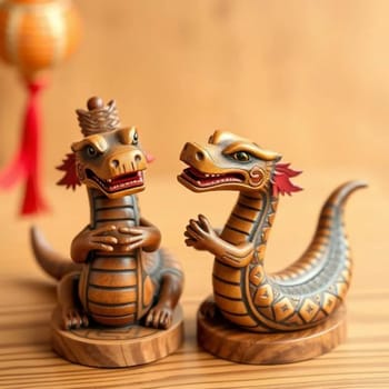 two wooden snakes chinese new year holiday money love, red wealth, dragon family .High quality photo