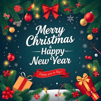 Merry Christmas Happy New Year banner, gifts green red tree balls background and text. High quality illustration