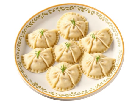 Pierogi, Polish dumplings filled with potato, cheese or sauerkraut, arranged in floating circular pattern, hero shot..