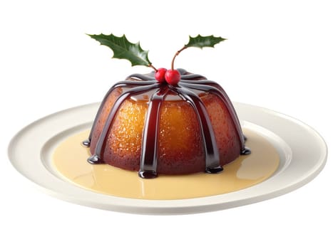 Plum Pudding Steamed plum pudding with brandy butter sauce, holly sprig garnish, on transparent plate.