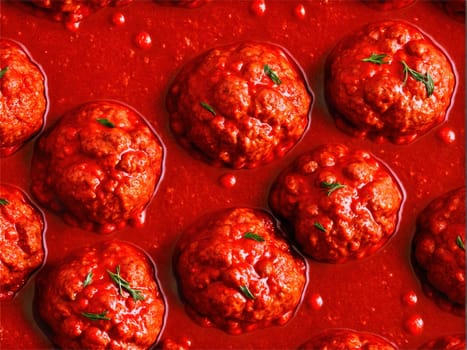 Flavorful meatballs in rich tomato sauce, plump and juicy, vibrant red gravy, rustic Italian style, hero close-up, appetizing glisten.