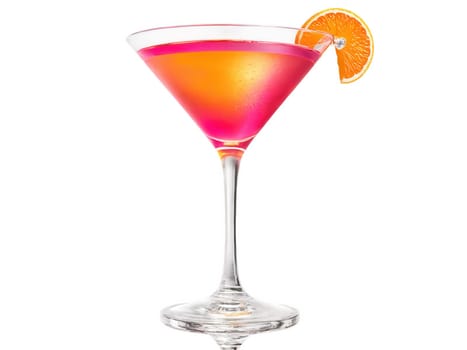 Cosmopolitan cocktail, bright pink liquid, martini glass garnished with orange peel twist, energetic pour motion, vivid ad visual..