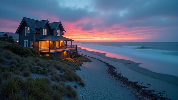 A house with a porch overlooking a beach and a purple flower garden. The sun is setting in the background