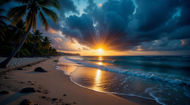 A beautiful beach with a palm tree in the background. The sky is cloudy and the sun is setting