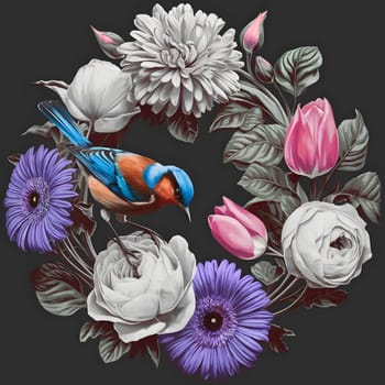 Digital illustration of a colorful bird, surrounded by a floral wreath on a dark background. Ideal for wall art, greeting cards, packaging, textile prints, or nature-themed design projects.