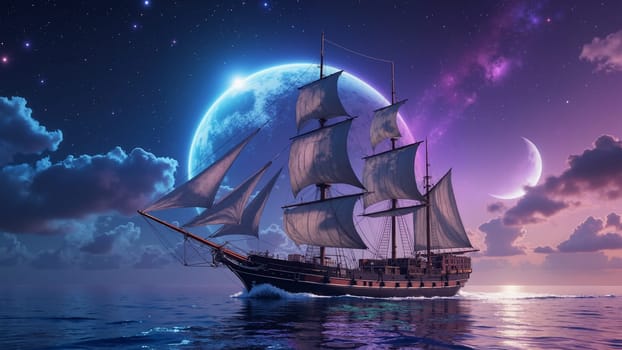 A large ship sails through the night sky above a blue moon. The scene is serene and peaceful, with the ship and moon creating a sense of adventure and wonder