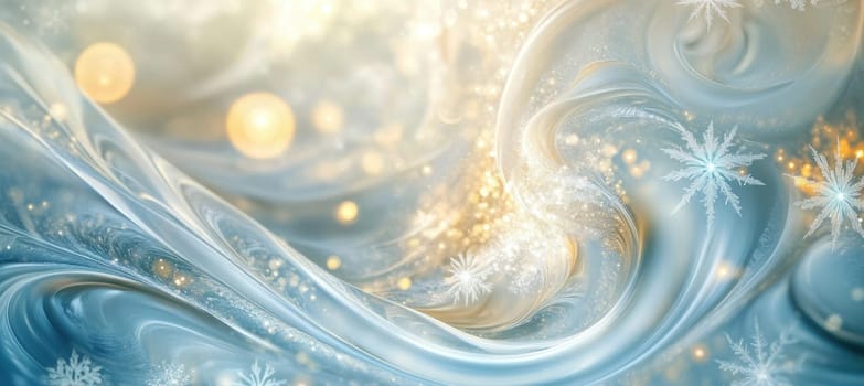 Festive christmas background featuring swirling golden lights, snowflakes, and a soft blue and white atmosphere, perfect for holiday projects