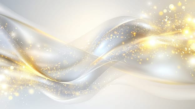 Abstract background with silver waves and golden particles flowing over a white background